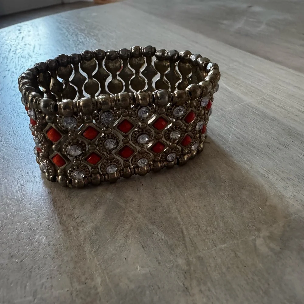 Anthropologie Gold-Tone Bracelet with Orange Accents and Clear Stones - Picture 5 of 5